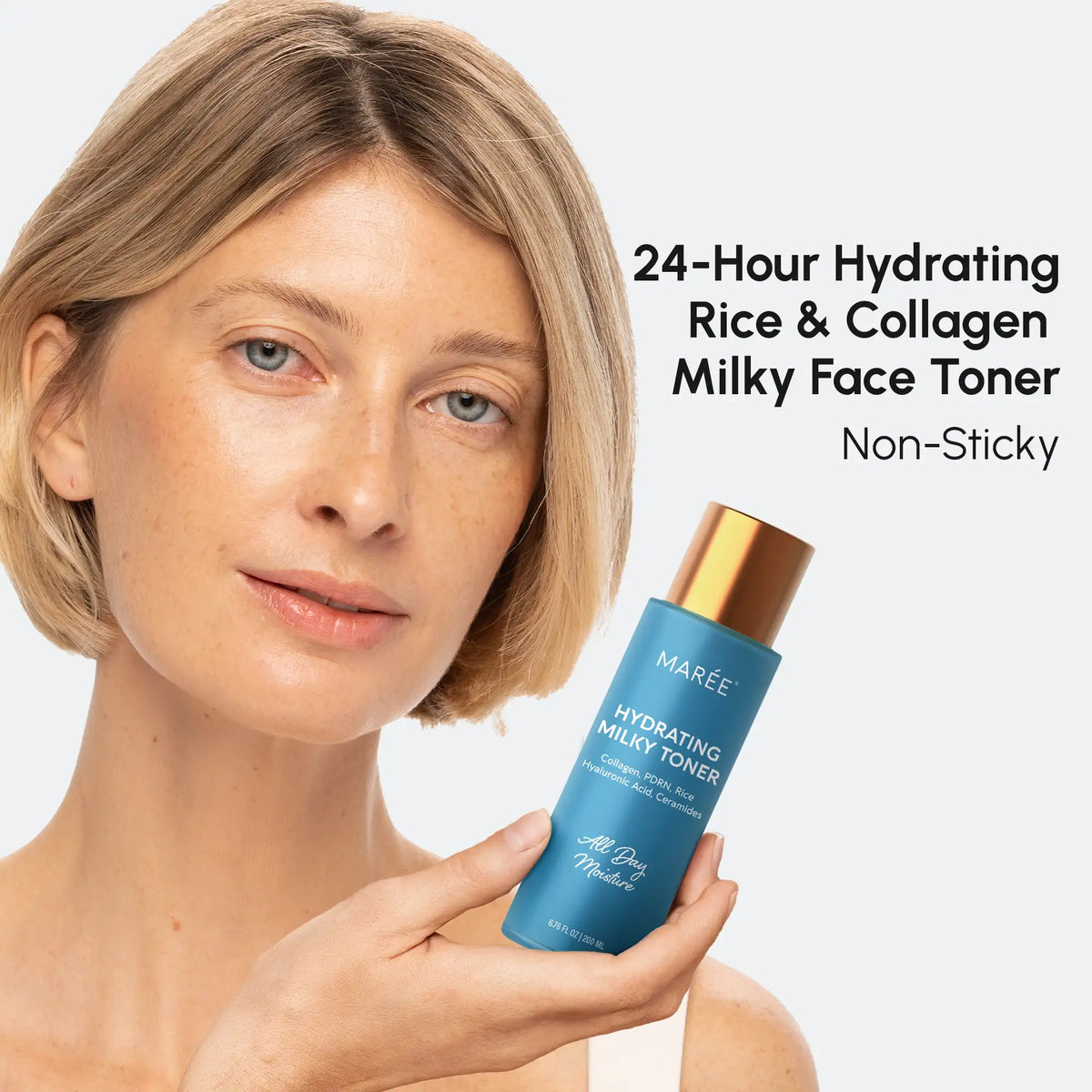 Maree Milky Rice Hydrating Toner bottle with white cap and clear label, showing a milky, nourishing skincare product.