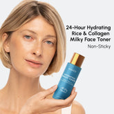 Maree Milky Rice Hydrating Toner bottle with white cap and clear label, showing a milky, nourishing skincare product.