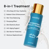 Maree Milky Rice Hydrating Toner bottle with white and beige packaging, featuring rice illustrations on a clean background.