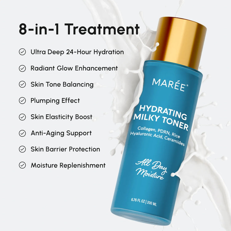 Maree Milky Rice Hydrating Toner bottle with white and beige packaging, featuring rice illustrations on a clean background.