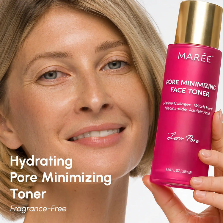 Maree hydrating pore refining toner in a sleek bottle, designed to smooth skin and minimize pores for a flawless complexion.