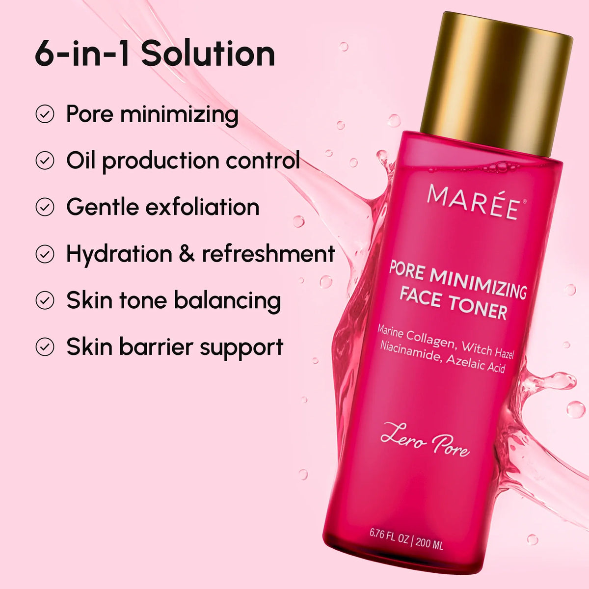 Maree hydrating pore refining toner in a sleek bottle, designed to smooth skin and minimize pores for a flawless complexion