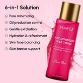 Maree hydrating pore refining toner in a sleek bottle, designed to smooth skin and minimize pores for a flawless complexion