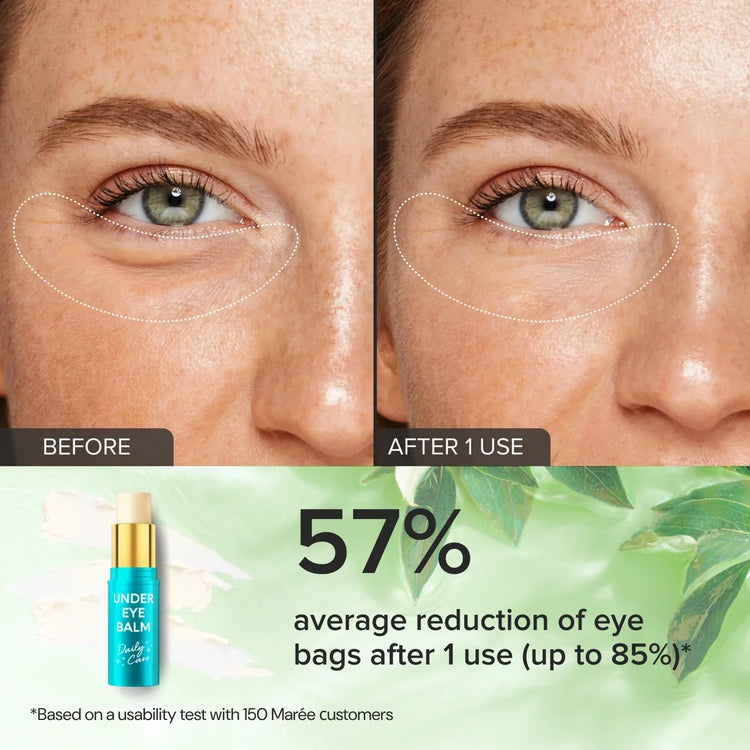 Maree Instant Eye Smoother Balm in a sleek stick container, designed to reduce puffiness and smooth the under-eye area.