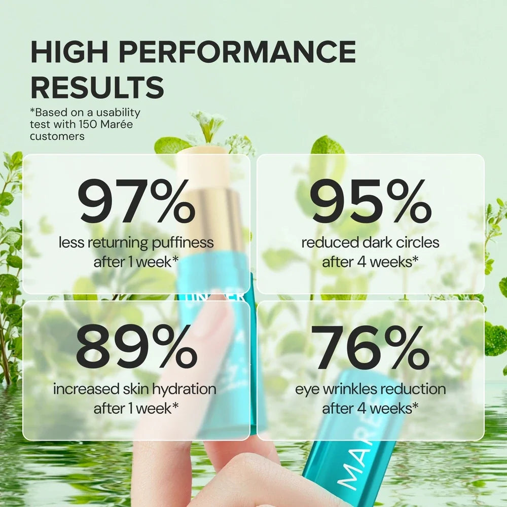 Maree Instant Eye Smoother Balm in a sleek stick, designed to reduce puffiness and smooth the skin around the eyes.