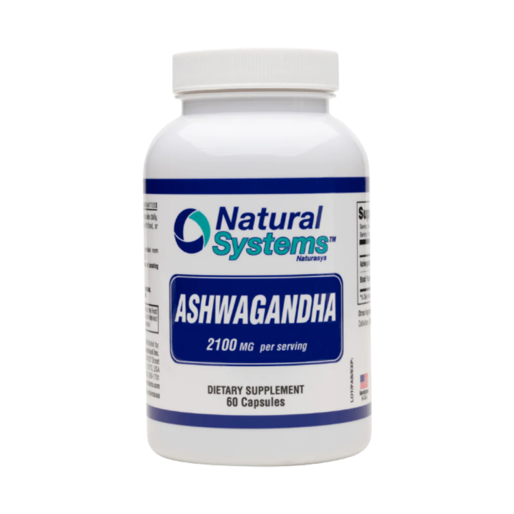 Natural Systems Ashwagandha capsules in a bottle, dietary supplement for stress relief and wellness, 60 count.