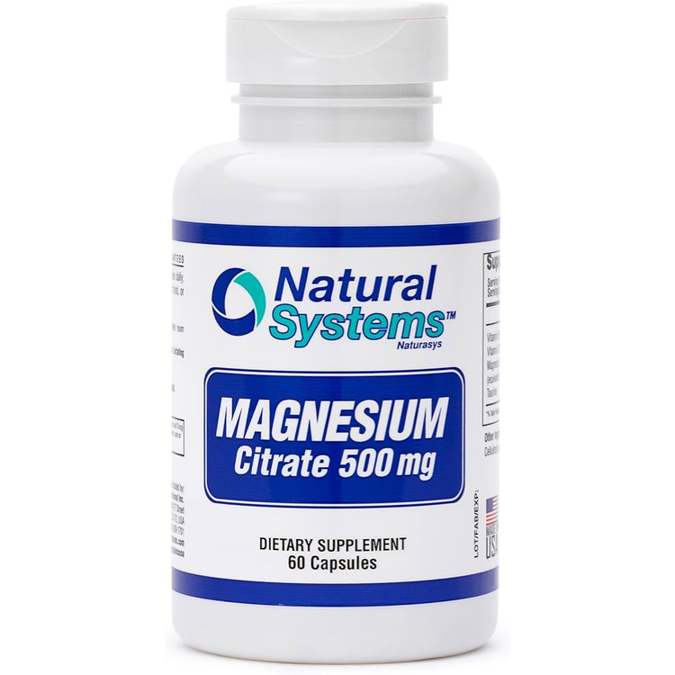 Natural Systems Magnesium Citrate 500 mg capsules, dietary supplement in a bottle, with 60 capsules for muscle and nerve support.
