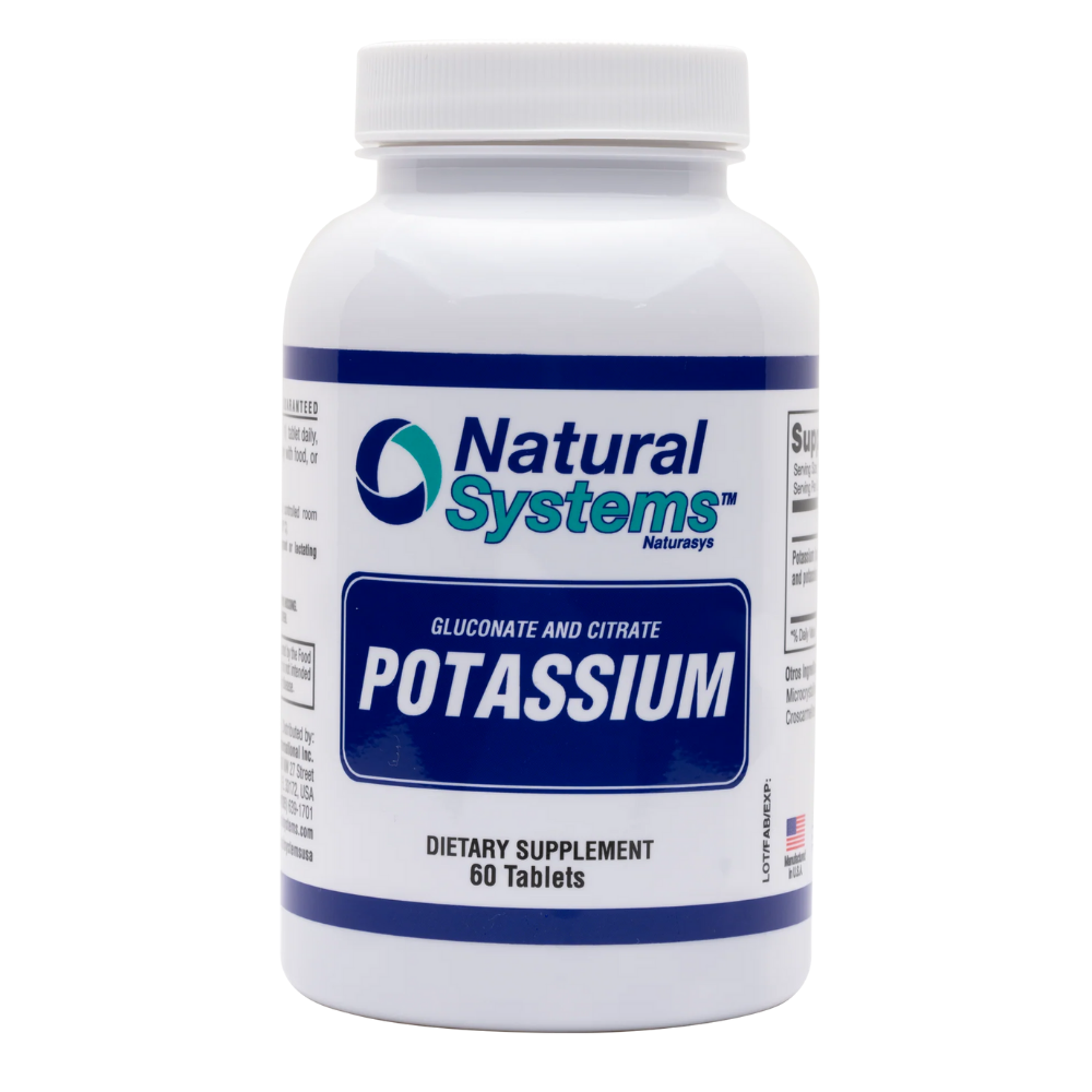 Natural Systems Potassium Tablets bottle with 60 tablets, dietary supplement from Farmacias Savia, for supporting electrolyte balance.