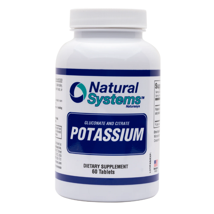 Natural Systems Potassium Tablets bottle with 60 tablets, dietary supplement from Farmacias Savia, for supporting electrolyte balance.
