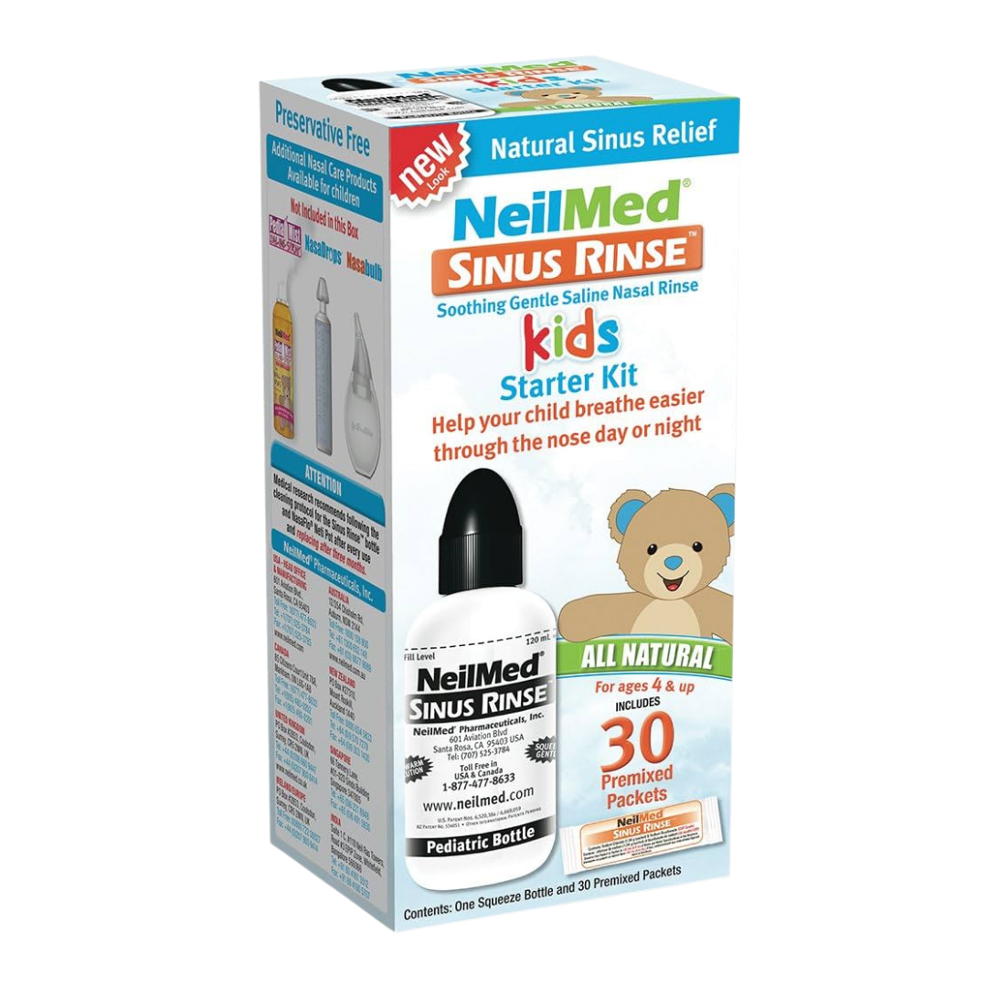 NeilMed Sinus Rinse Complete Saline Kit with nasal spray bottle and saline packets for sinus relief, by Farmacias Savia.