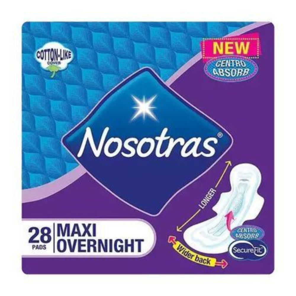 Nosotras Maxi Overnight Pads in a 28-unit pack, soft toallas designed for overnight protection and comfort.