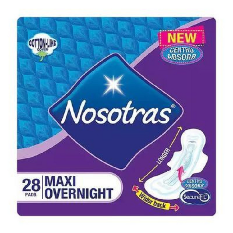 Nosotras Maxi Overnight Pads in a 28-unit pack, soft toallas designed for overnight protection and comfort.