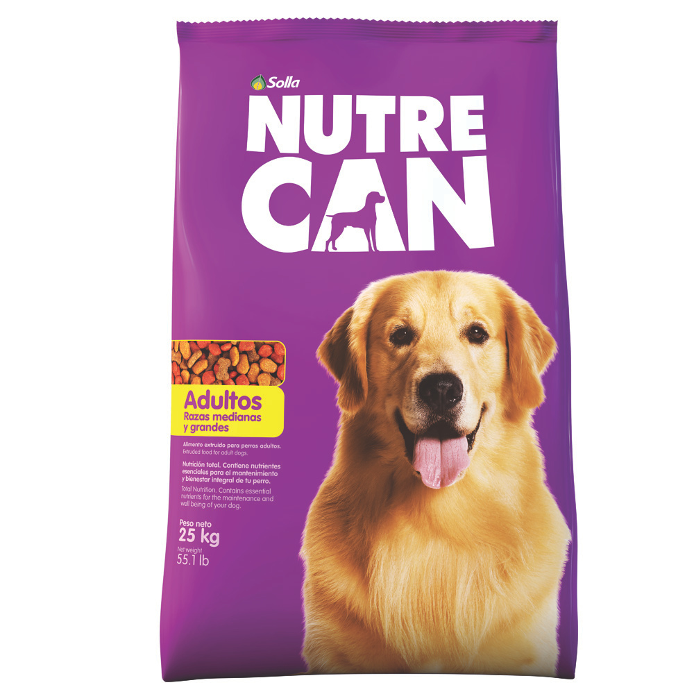 Solla Nutrecan Premium Adult Dog Food for medium and large breeds in 55.1 lb bag, high-quality pet alimentation by Farmacias Savia.