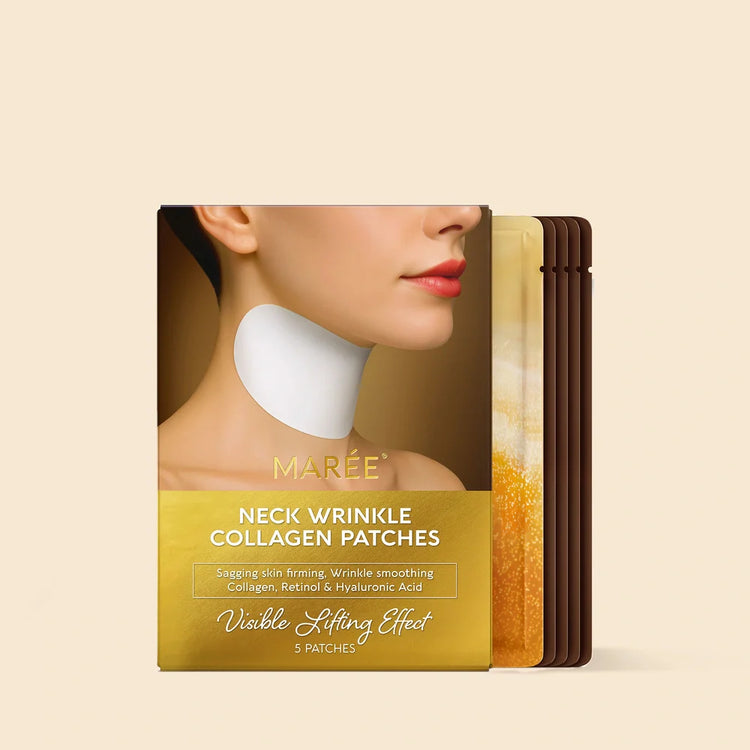 Maree lifting neck wrinkle patches applied to the neck showing smooth, youthful skin with discreet, invisible patches.