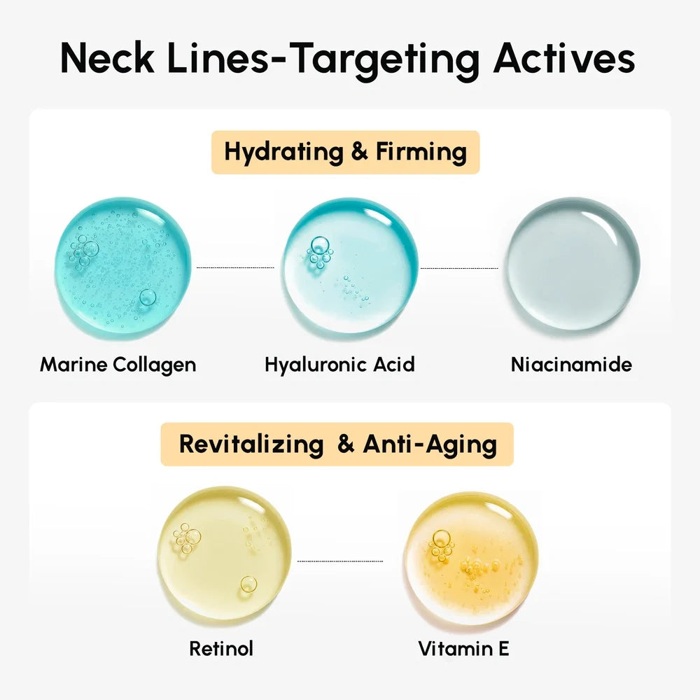 Maree lifting neck wrinkle patches applied to the neck showing smooth, firm skin with discreet patches for anti-aging care.