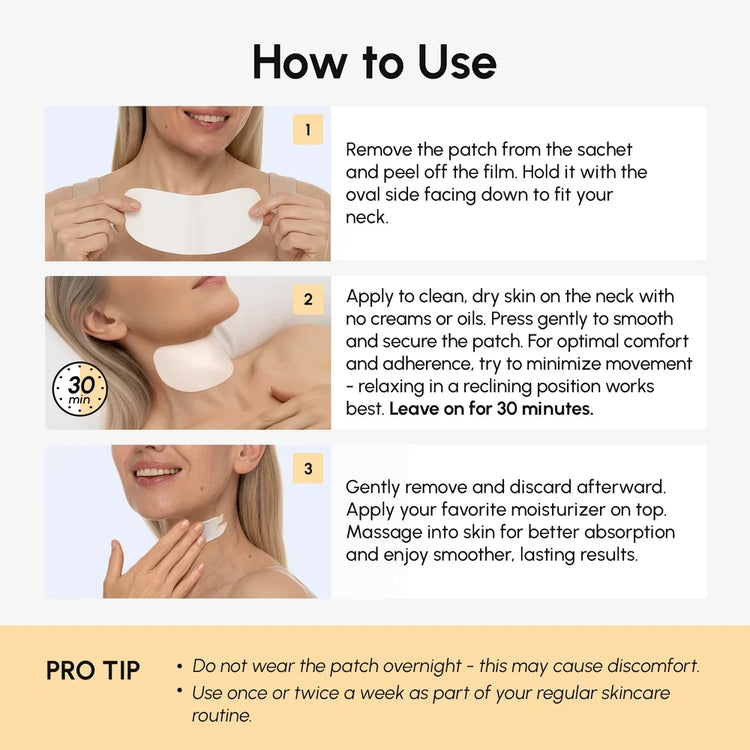 Maree lifting neck wrinkle patches applied to the neck, showing their thin, transparent design for reducing wrinkles and improving skin firmness.