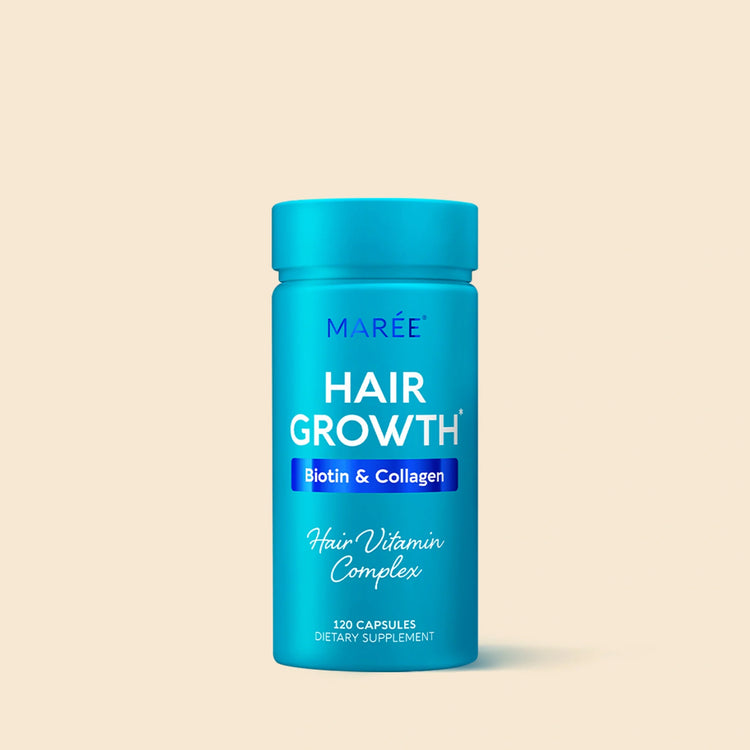 Maree Biotin & Collagen Hair Growth Complex supplement bottle with label, showcasing hair health ingredients on a white background.