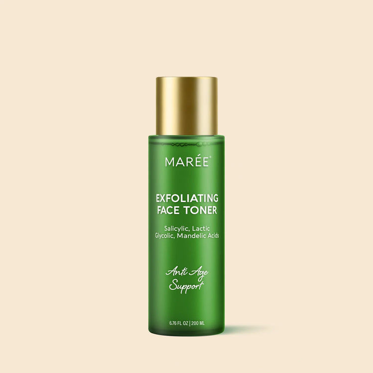 Maree Daily Glow Exfoliating Toner in a clear bottle with a white cap, showing the product label and liquid inside.