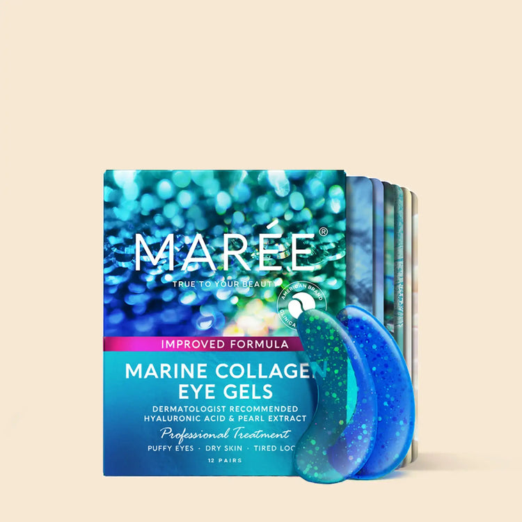 Maree eye patches for puffy eyes, featuring a hydrating and soothing gel formula, applied under the eyes for refreshment and relaxation.