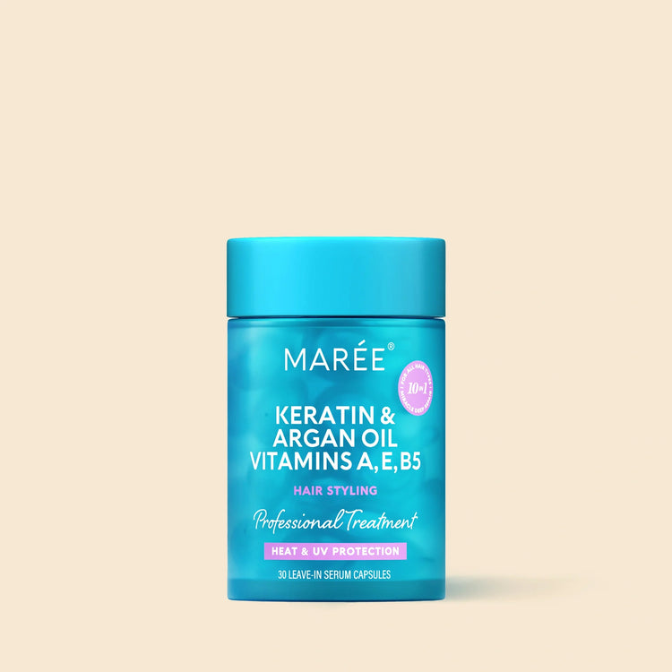 Maree keratin oil capsules for frizz control, showing glossy capsules in a clear container with hair care packaging.