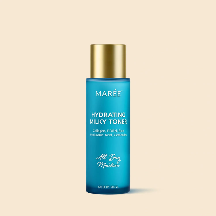 Maree Milky Rice Hydrating Toner bottle with white and pastel packaging, showcasing a gentle skincare product for hydration.