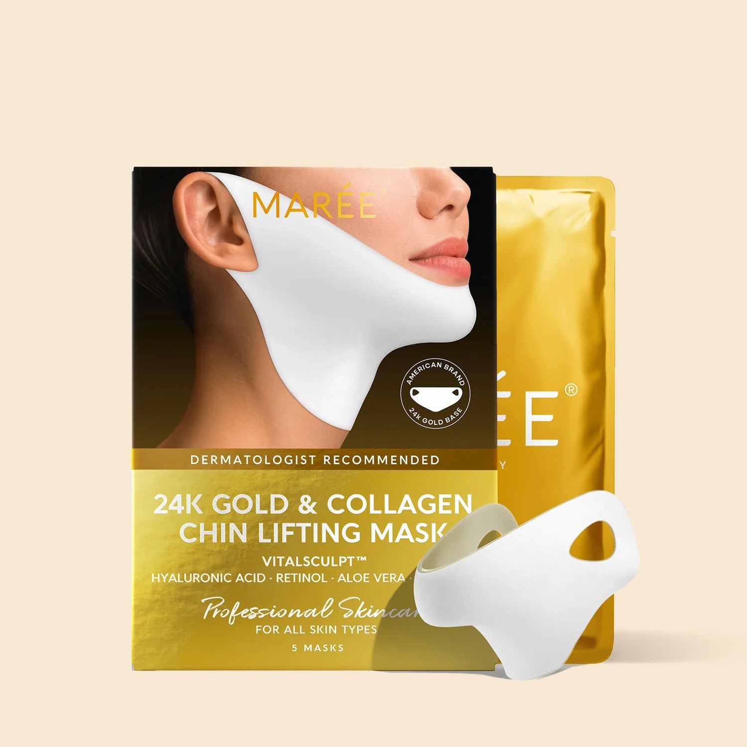 Maree 24K Gold Chin and Jawline Lifting Mask applied on the face, highlighting a luxurious skincare treatment for firming and contouring.