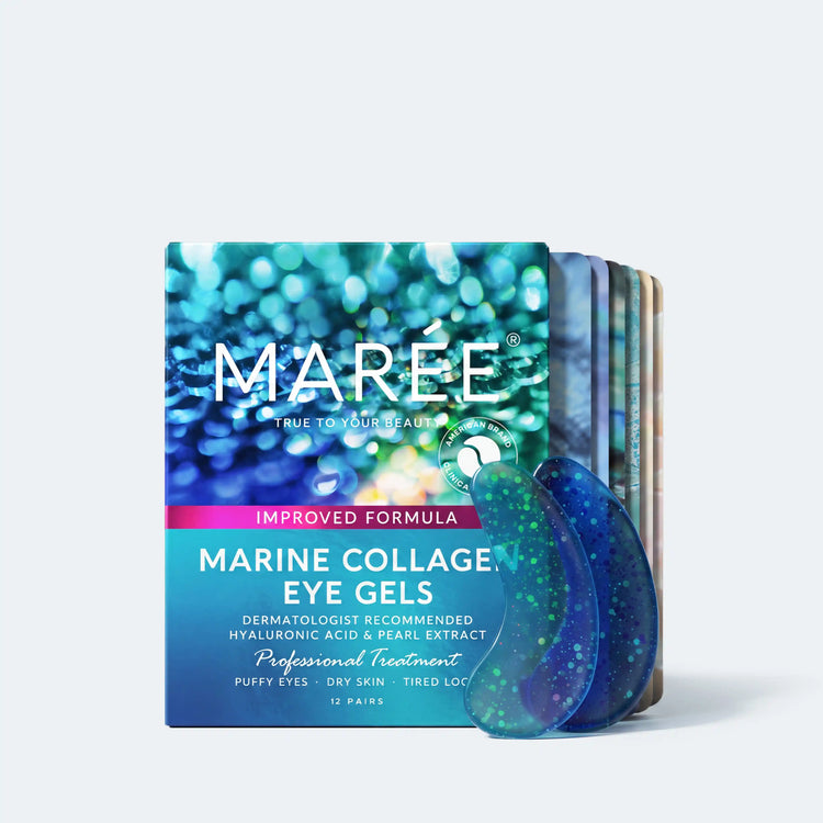 Maree eye patches for puffy eyes with hydrating and soothing formula, shown on a clean, skincare product display.