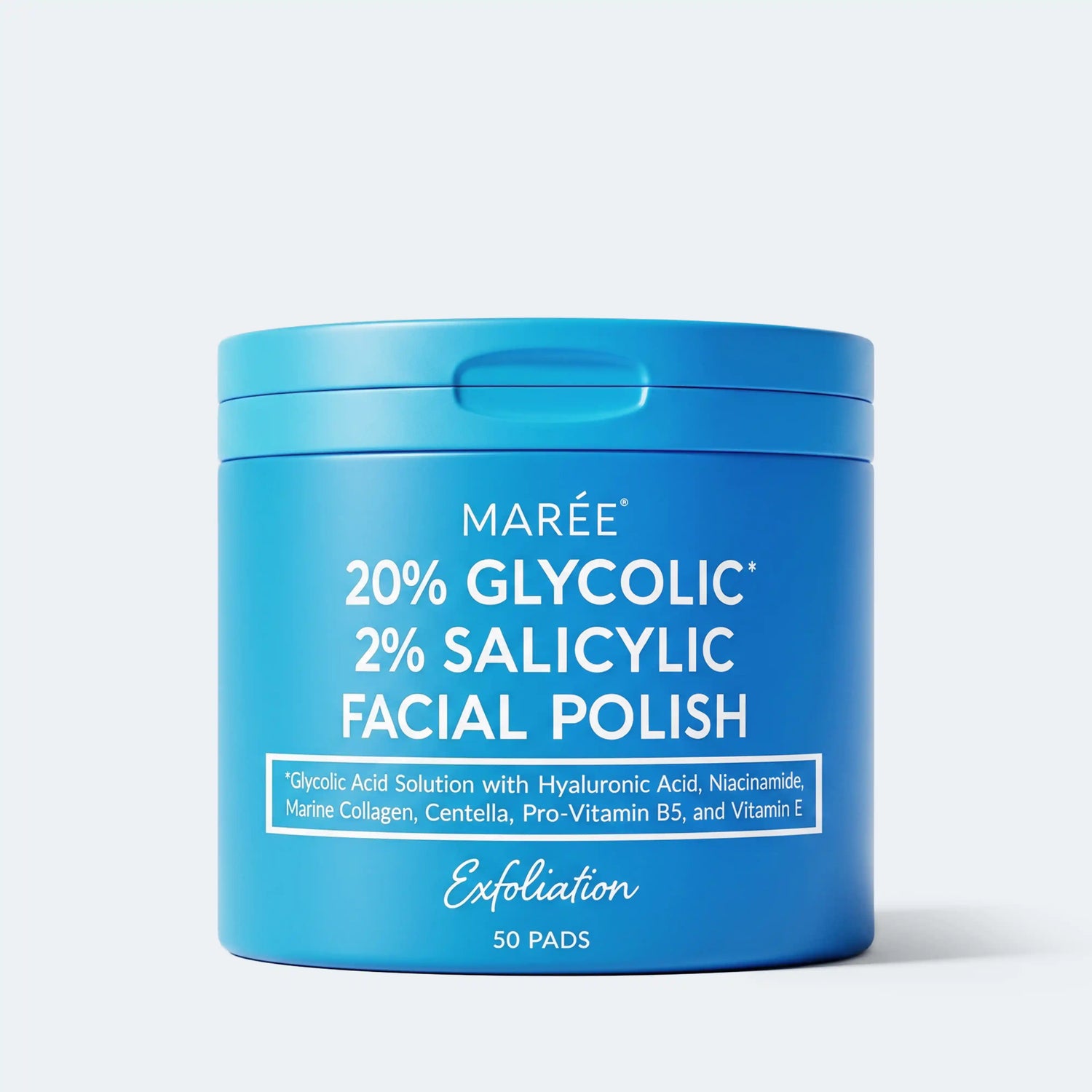 Maree glycolic and salicylic acid peel pads for smooth, clear skin, shown in a close-up of the product packaging.