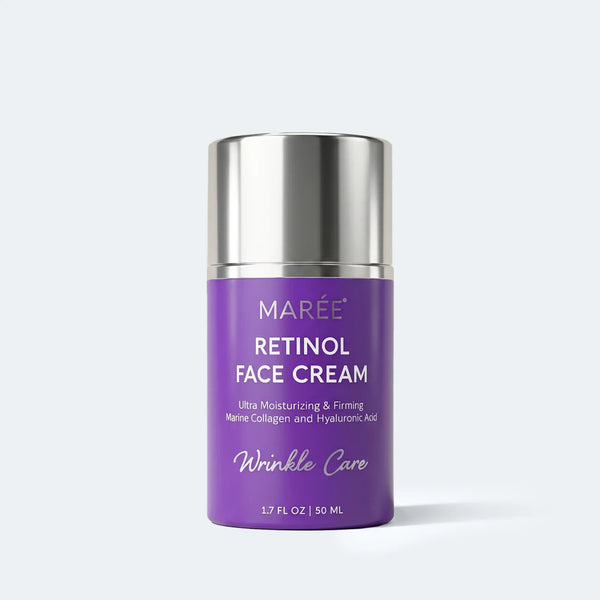 Maree Retinol Lifting and Firming Face Cream jar with the cream visible, designed to enhance skin elasticity and reduce wrinkles.