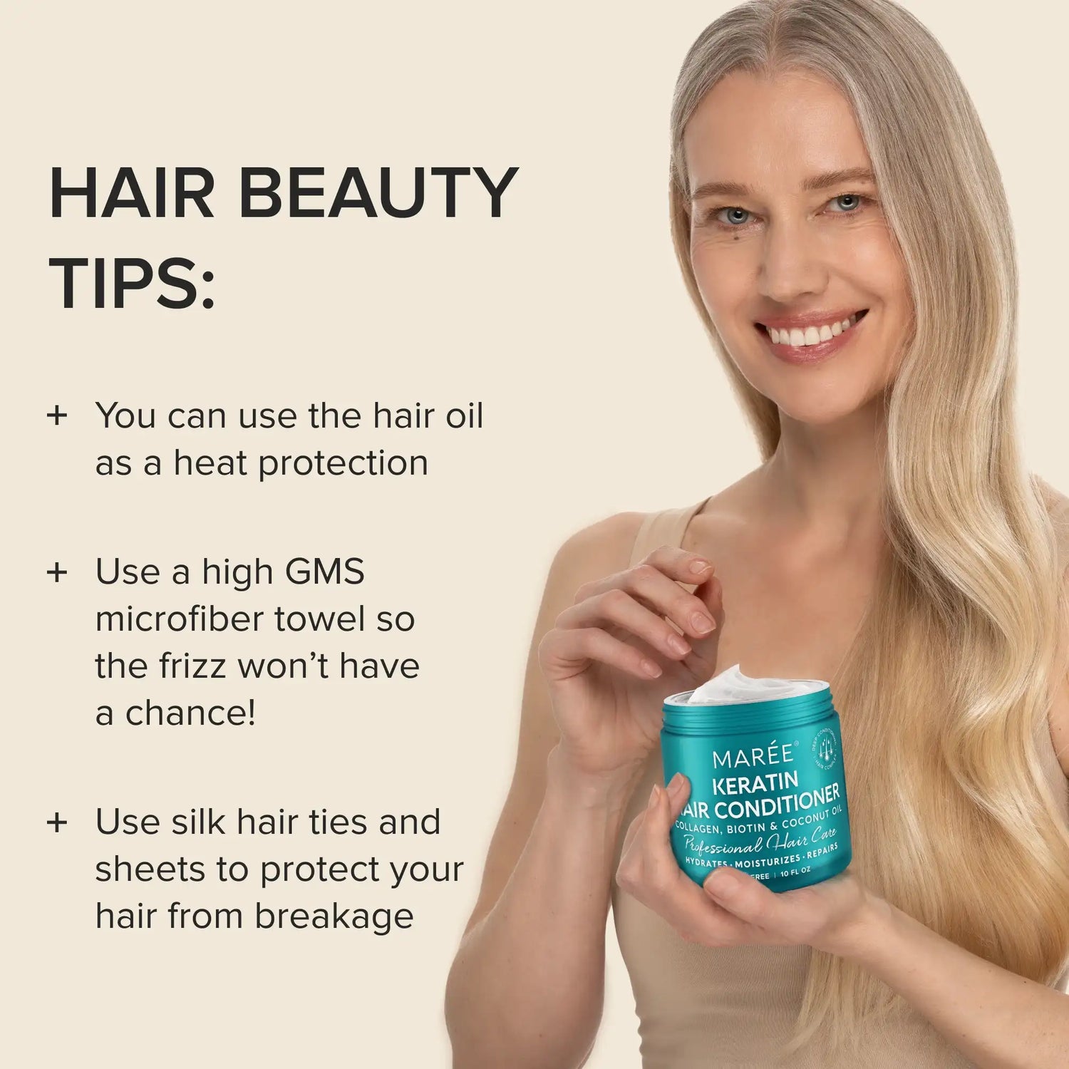 Maree keratin hair mask for damaged hair, deep conditioning treatment with nourishing ingredients, in a sleek jar.