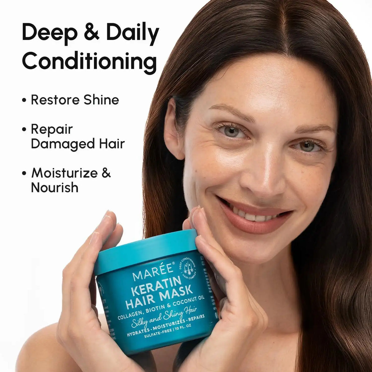 Maree keratin hair mask for damaged hair, deep conditioning treatment in a jar with a creamy texture and smooth application
