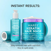 Maree keratin hair mask for damaged hair, deep conditioning treatment in a jar, with creamy texture and nourishing ingredients.