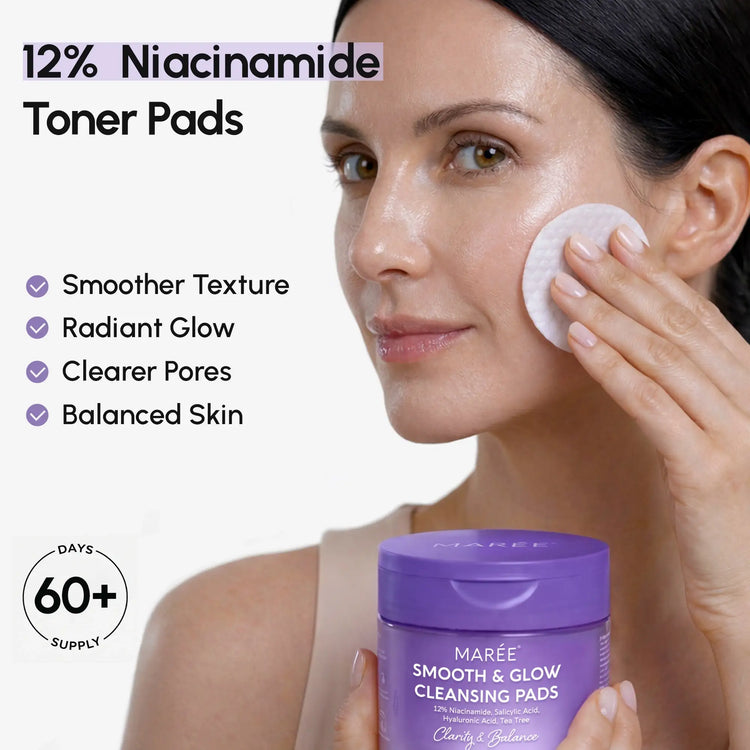 Set of 12 Maree Niacinamide Smooth & Glow Pads displayed in a clear container, showcasing their exfoliating and brightening features.