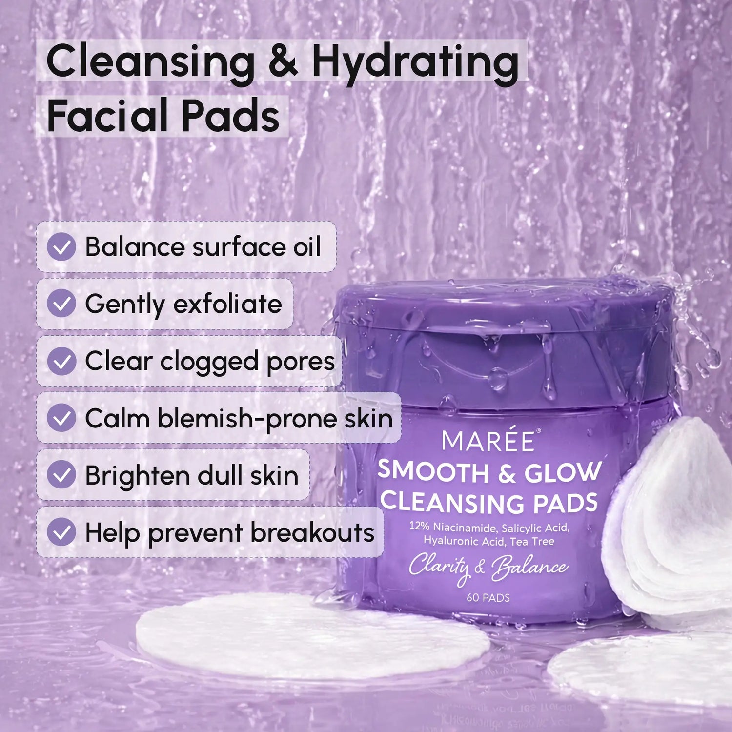 Maree 12 Niacinamide Smooth & Glow Pads with textured cotton pads and niacinamide for brightening and skin smoothing.