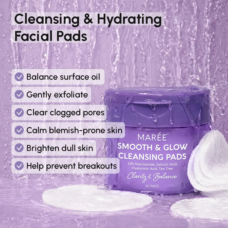 Maree 12 Niacinamide Smooth & Glow Pads with textured cotton pads and niacinamide for brightening and skin smoothing.