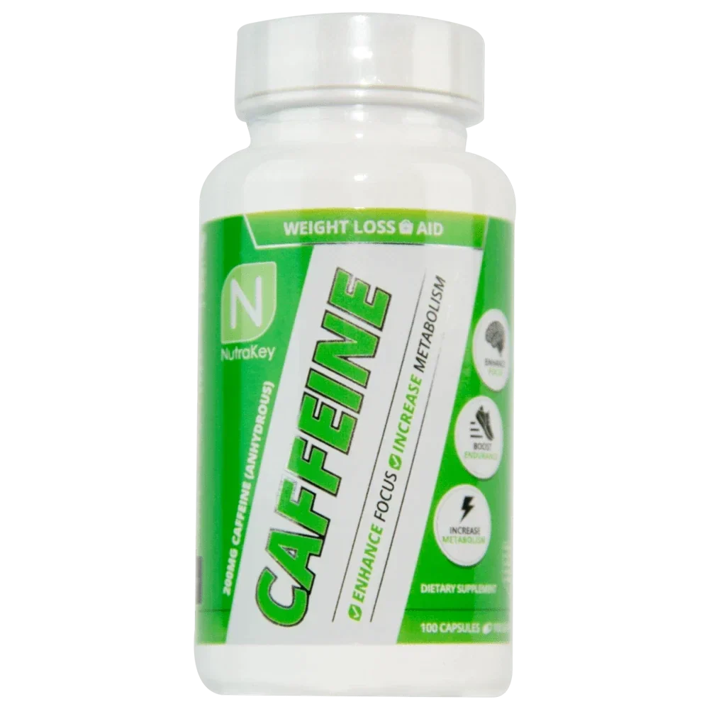 NutraKey Caffeine 200mg pre-workout capsules from PoorBoySupplements.com, 100 softgel capsules for energy and focus.