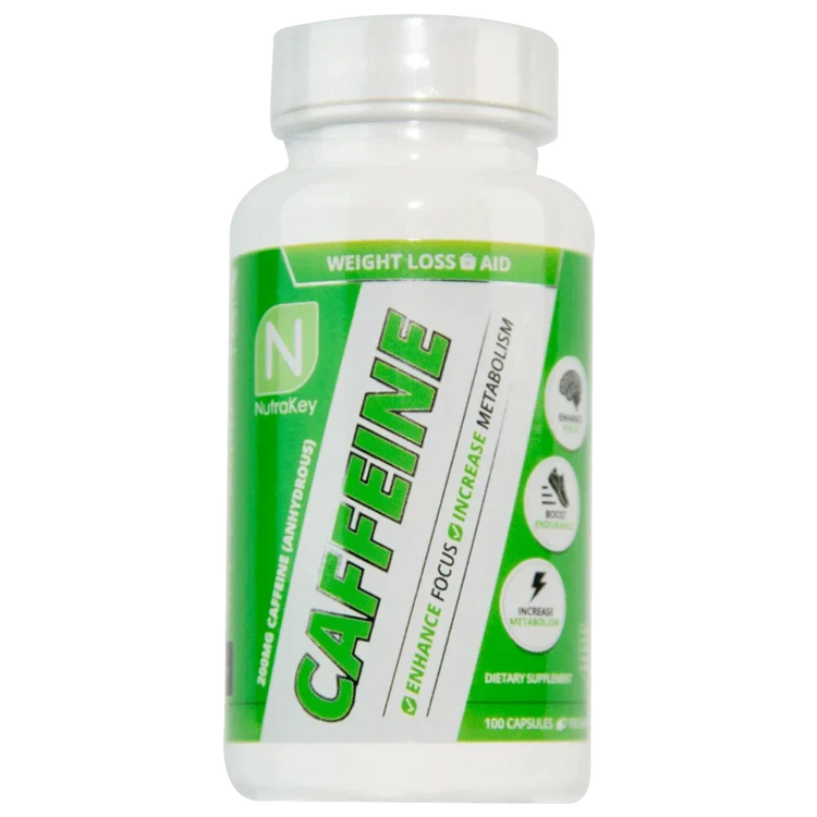 NutraKey Caffeine 200mg pre-workout capsules from PoorBoySupplements.com, 100 softgel capsules for energy and focus.