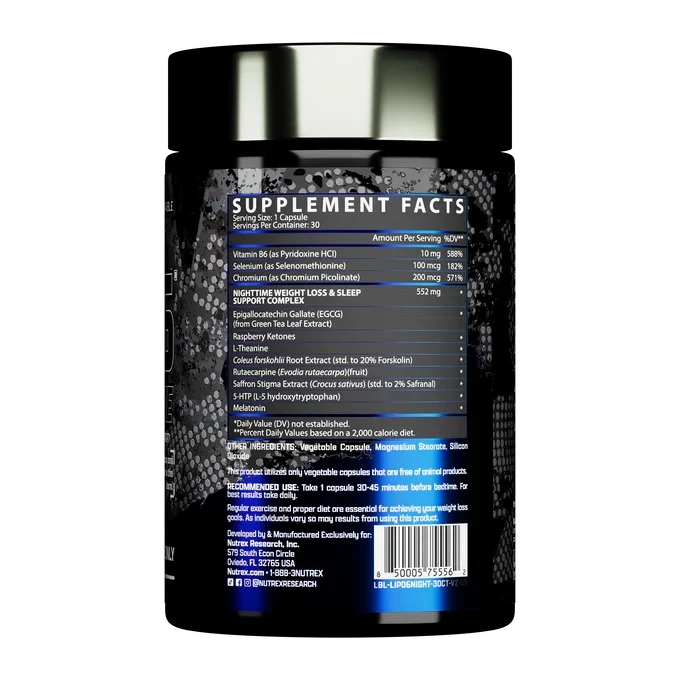 Nutrex LIPO-6 NightTime weight loss supplement bottle with 30 caps, featuring black and white packaging design.