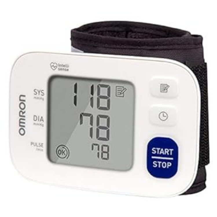 Omron 3 Series Wrist Blood Pressure Monitor Model BP6100 showing digital display and adjustable cuff for accurate readings