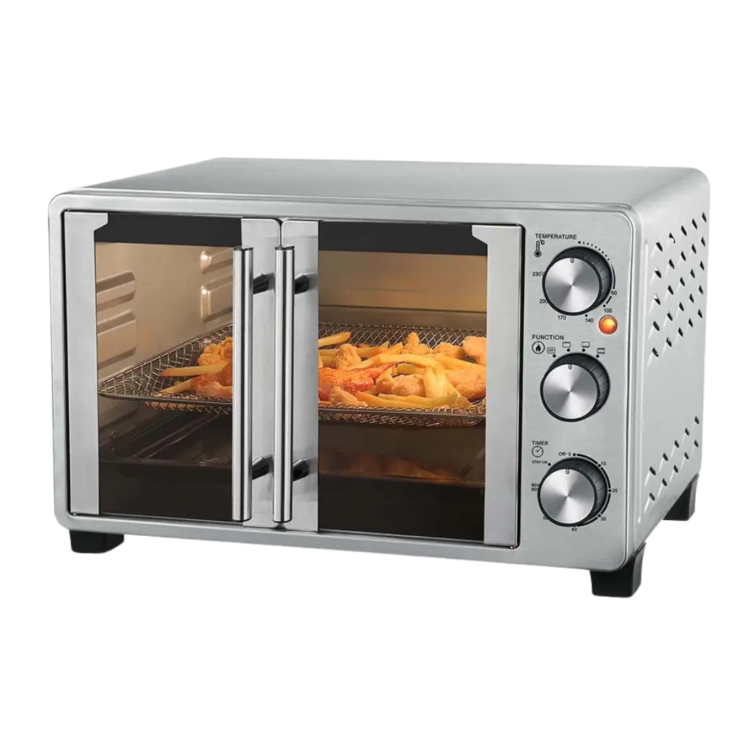 OSTER French door oven from Farmacias Savia, featuring sleek design with glass doors and control panel for modern kitchen use.