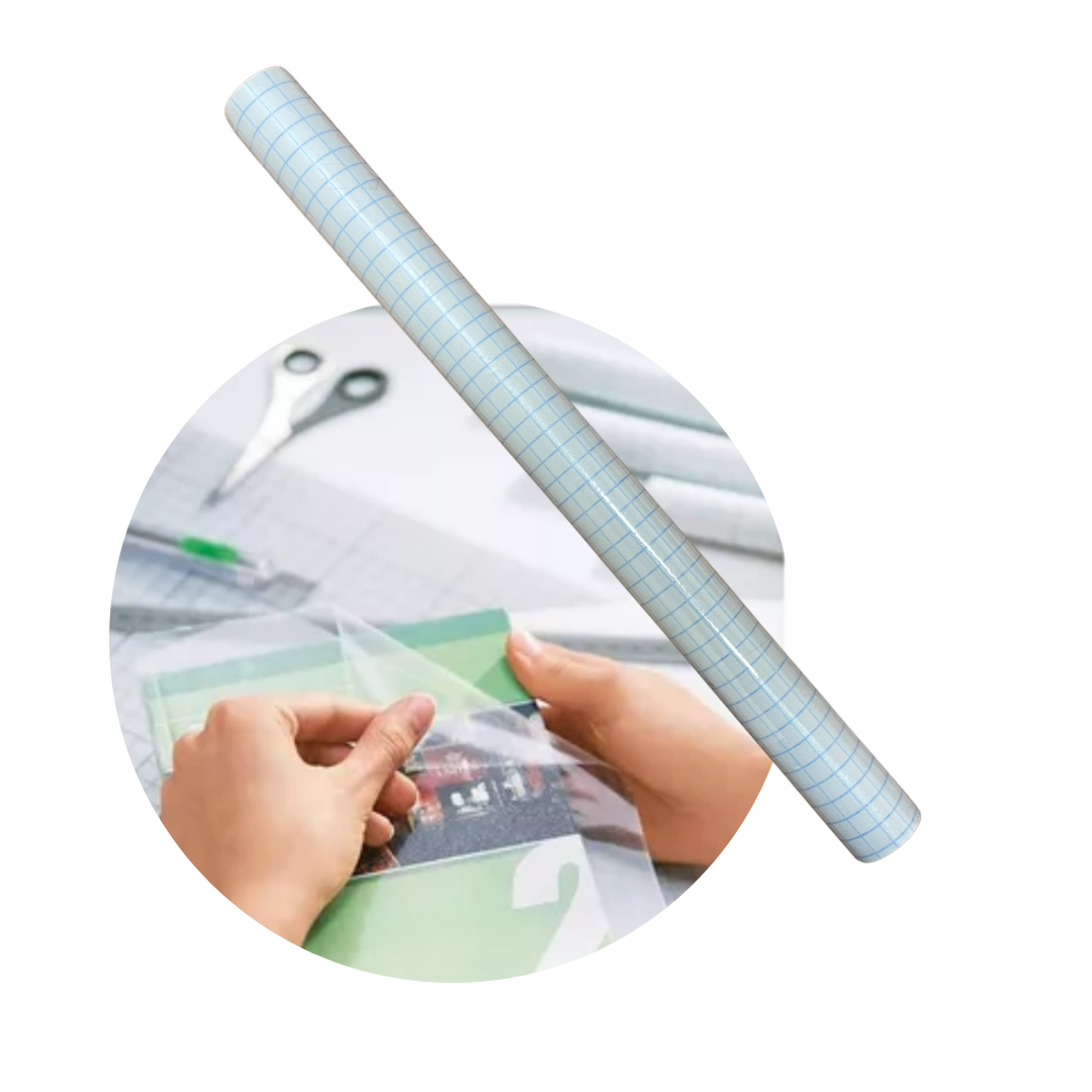 Transparent adhesive paper from Farmacias Savia, AA2024-11-0734, showing a roll of clear self-adhesive label paper.