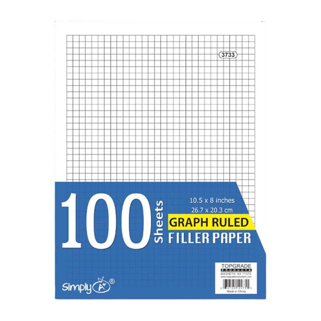 School-grade graph paper from Farmacias Savia with 100 sheets of 8.5" x 11" paper featuring grid lines for writing and drawing.