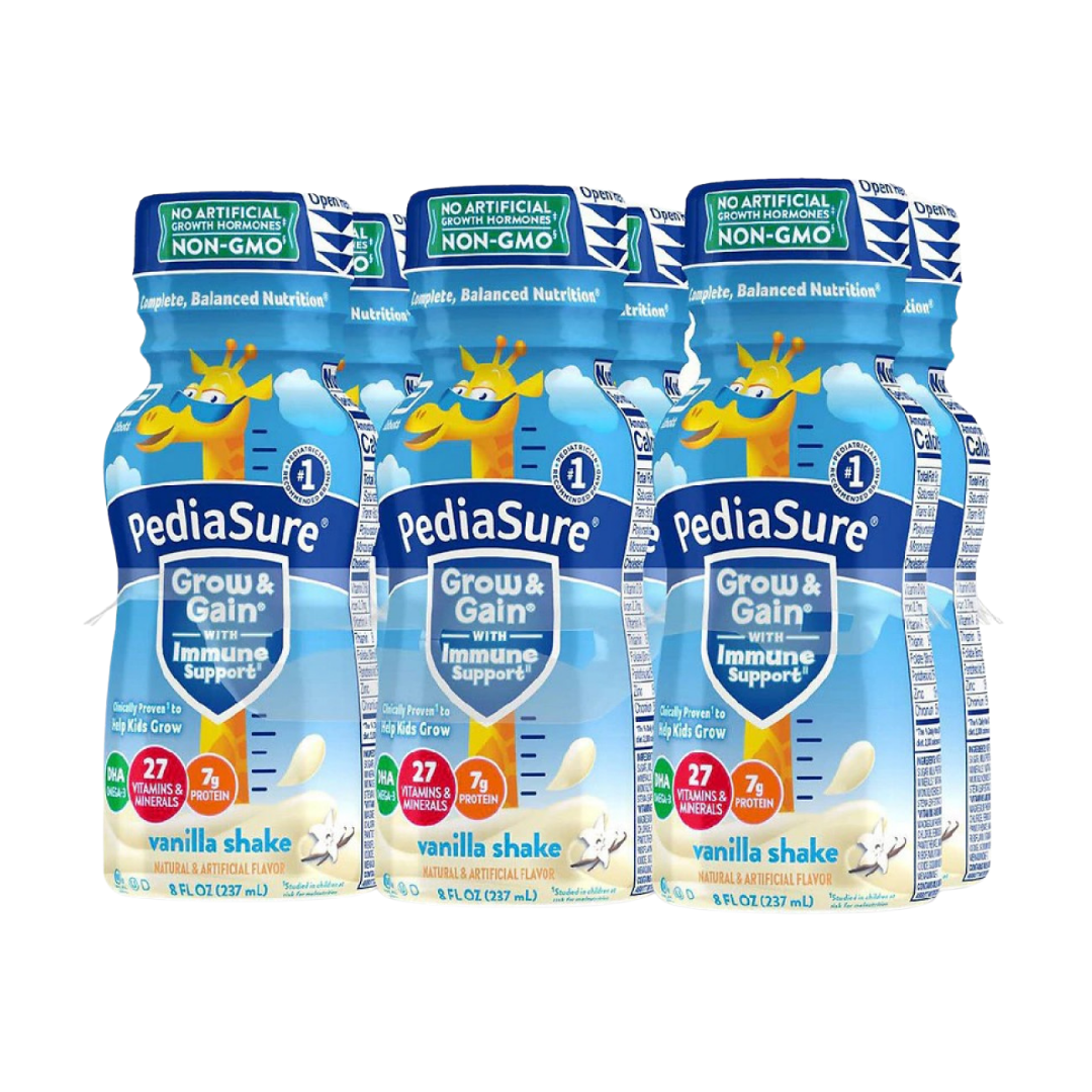 Vanilla PediaSure nutritional shake in a 6-pack of 8 oz bottles, featuring Farmacias Savia branding and clear product label.