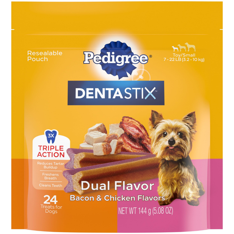 Pedigree Dentastix Bacon dog treats in 5.8 oz package, designed for dental health and fresh breath for dogs.
