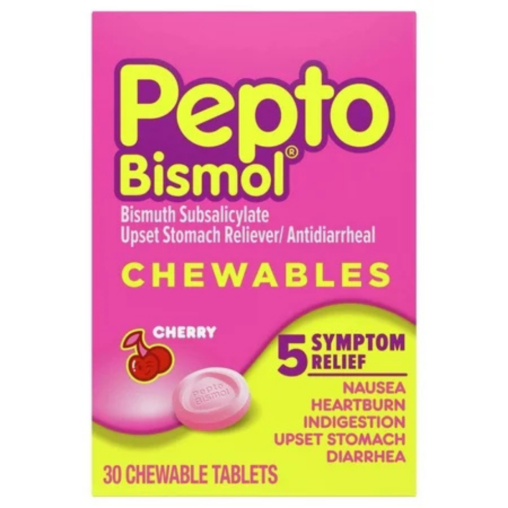 Chewable Pepto Bismol tablets with cherry flavor in a blister pack, 30 count, by Farmacias Savia.