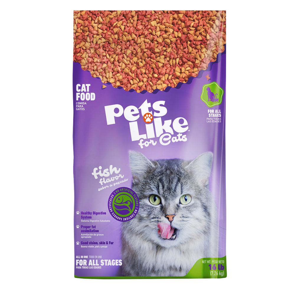 Dry cat food by Pets Like, 16 lb bag of farmacias Savia pet alimentation suitable for cats.