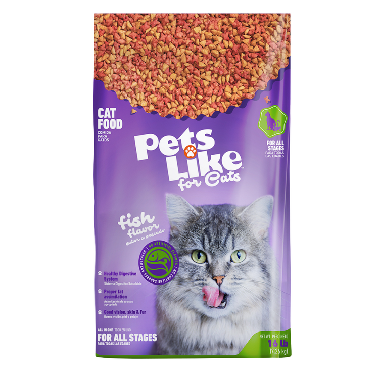 Dry cat food by Pets Like, 16 lb bag of farmacias Savia pet alimentation suitable for cats.