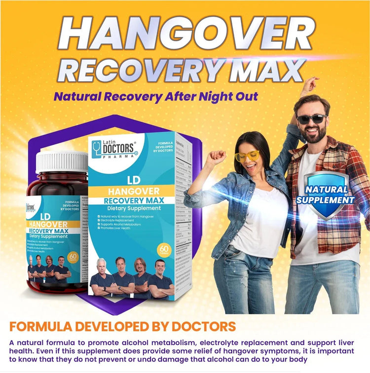 Latin Doctor Hangover Recovery Max supplement by Farmacias Savia, showing 60 capsules in a blister pack.