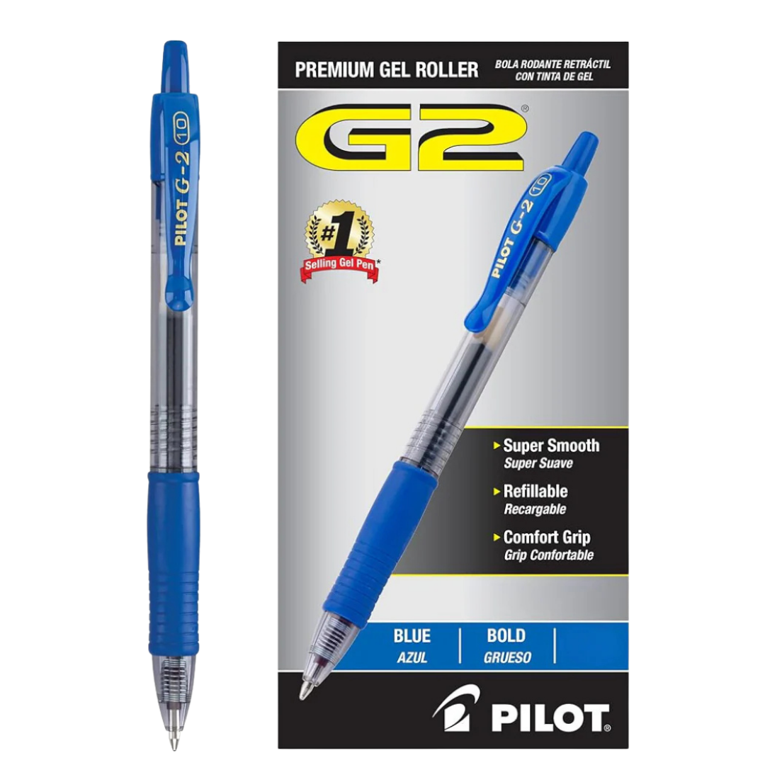 Blue Pilot G2 premium gel roller pen with 0.7mm tip, designed for school use, by Farmacias Savia.