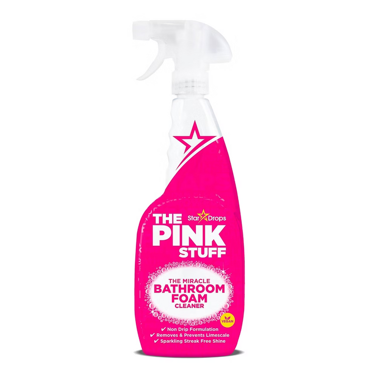 Pink Stuff Bathroom Foam Cleaner in 25oz spray bottle, designed for cleaning and disinfecting bathroom surfaces.